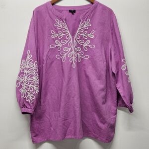 Talbots V-neck Tunic Top Plus 2X Embroidered Linen Cotton Mauve Berry Peasant